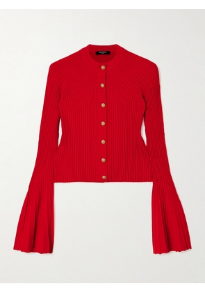 Balmain - Pleated Ribbed-knit Cardigan - Red - FR34,FR36,FR38,FR40,FR42,FR44