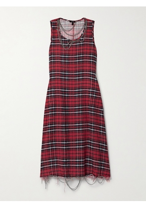 R13 - Embellished Distressed Checked Brushed-linen Midi Dress - Red - x small,small,medium,large