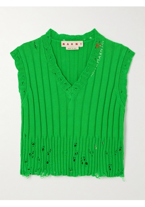 Marni - Distressed Embroidered Ribbed-knit Cotton Vest - Green - IT36,IT38,IT40,IT42,IT44,IT46,IT48