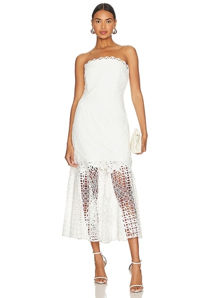 MILLY Nuriel Interlocking Geo Lace Midi Dress in White. Size 10.