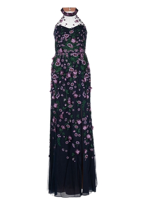 Marchesa Notte floral-embroidered gown - Blue