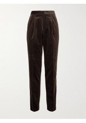 Brunello Cucinelli - Straight-Leg Pleated Satin-Trimmed Cotton-Velvet Tuxedo Trousers - Men - Brown - IT 48