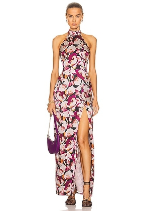 NICHOLAS Ramina Halter Neck Gown in Lanthea Floral Pinot - Wine. Size 2 (also in 8).