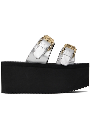 Moschino Silver Lettering Logo Laminated Wedge Sandals