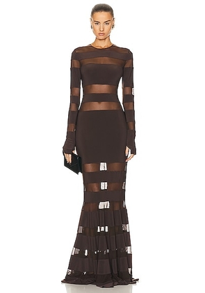 Norma Kamali Spliced Dress Fishtail Gown in Chocolate & Chocolate Mesh - Brown. Size L (also in M, S, XL, XS).