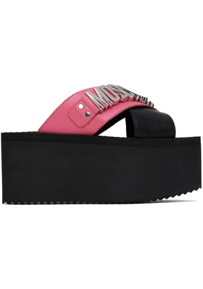 Moschino Black & Pink Logo Lettering Wedge Sandals