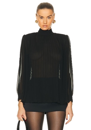 FRAME Strong Shoulder Pleated Blouse in Black - Black. Size L (also in S).