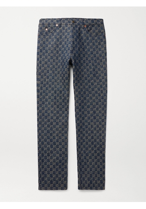Gucci - Straight-Leg Leather-Trimmed Logo-Jacquard Jeans - Men - Blue - UK/US 28