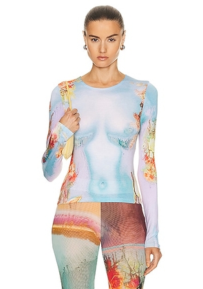 Jean Paul Gaultier Printed Body Flowers Long Sleeve Top in Blue & Yellow - Baby Blue. Size XS (also in ).