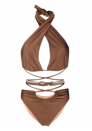 Noire Swimwear lattice-strap halterneck swimsuit - Brown