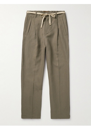 Zegna - Slim-Fit Belted Pleated Slubbed Oasi Lino Trousers - Men - Green - UK/US 30