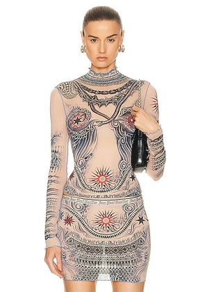Jean Paul Gaultier Printed Soleil Long Sleeve High Neck Top in Nude  Blue  & Red - Nude. Size L (also in M, S, XS, XXS).