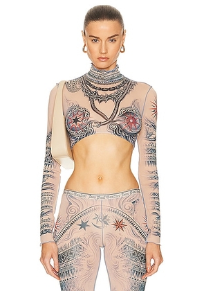 Jean Paul Gaultier Printed Soleil Long Sleeve High Neck Cropped Top in Nude  Blue  & Red - Nude. Size L (also in M, S, XL, XS, XXS).