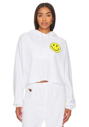 Aviator Nation Smiley 2 Relaxed Cropped Hoodie in White. Size L, S, XS.