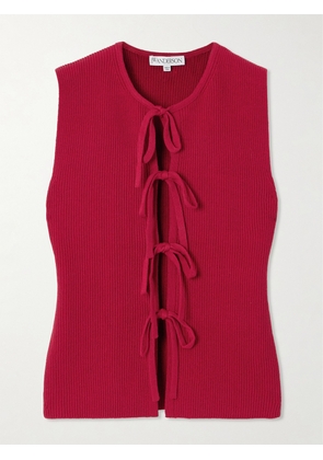 JW Anderson - Tie-detailed Ribbed Cotton-blend Top - Red - xx small,x small,small,medium,large,x large