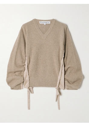 JW Anderson - Tie-detailed Cotton Jersey-paneled Ribbed Wool-blend Sweater - Brown - xx small,x small,small,medium,large,x large
