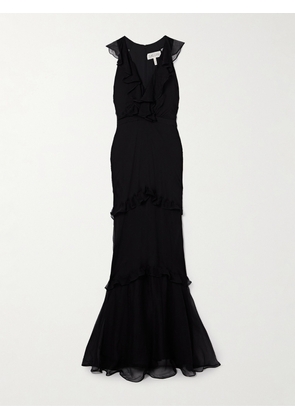 Saloni - Rita Ruffled Tiered Silk-crepon Maxi Dress - Black - UK 4,UK 6,UK 8,UK 10,UK 12,UK 14,UK 16