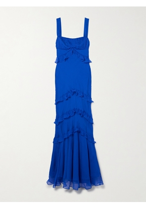 Saloni - Chandra Ruffled Plissé Silk-georgette Maxi Dress - Blue - UK 4,UK 6,UK 8,UK 10,UK 12,UK 14,UK 16