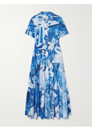 Erdem - Gathered Tiered Floral-print Cotton-poplin Midi Shirt Dress - Blue - UK 4,UK 6,UK 8,UK 10,UK 12,UK 14,UK 16,UK 18,UK 20