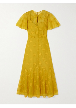 Erdem - Twist-front Paneled Embroidered Silk-organza Midi Dress - Yellow - UK 6,UK 8,UK 10,UK 12,UK 14