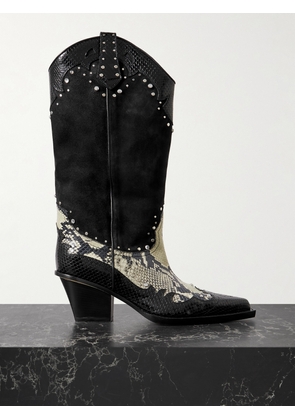 Paris Texas - American Flame Snake-effect Leather Embellished Suede Cowboy Boots - Black - IT35,IT36,IT36.5,IT37,IT37.5,IT38,IT38.5,IT39,IT39.5,IT40,IT41