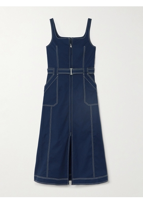 SIMKHAI - Manson Topstitched Belted Cotton-blend Poplin Midi Dress - Blue - US0,US2,US4,US6,US8,US10