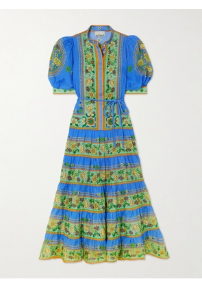 ALÉMAIS - Linda Belted Tiered Printed Ramie Midi Dress - Blue - UK 4,UK 6,UK 8,UK 10,UK 12,UK 14,UK 16