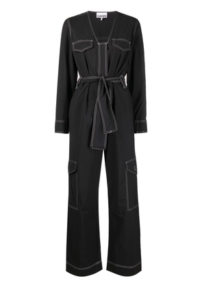 GANNI belted contrast-stitch jumpsuit - Black
