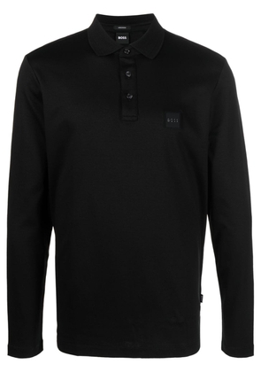 BOSS logo-patch long-sleeve polo shirt - Black
