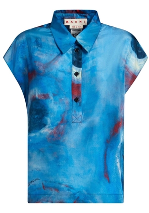 Marni abstract-print silk polo shirt - Blue