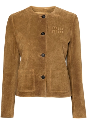 Miu Miu logo-patch suede jacket - Brown