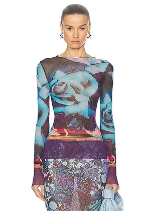 Jean Paul Gaultier Roses Mesh Long Sleeve Top in Purple  Blue  & Pale Pink - Blue. Size S (also in ).