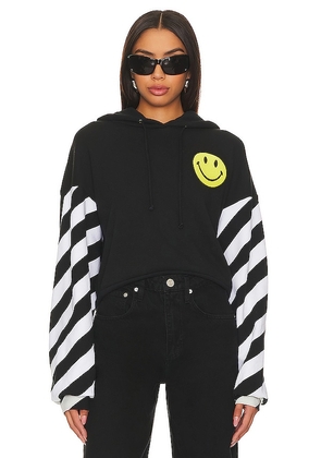 Aviator Nation Caution Stripe Sleeve Smiley Relaxed Hoodie in Black. Size M, XL/1X, XS.
