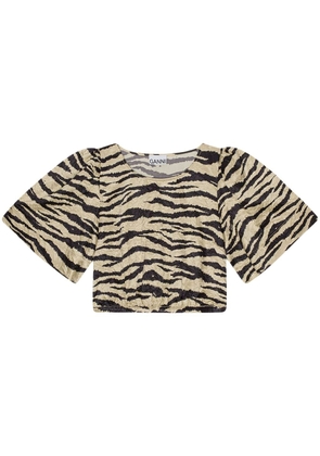 GANNI zebra-print crinked cropped T-shirt - Neutrals