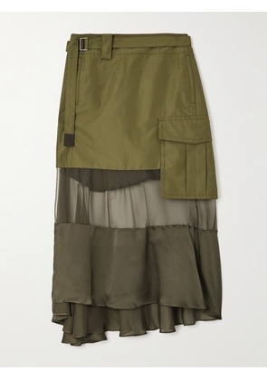 Sacai - Belted Wrap-effect Paneled Satin And Chiffon-trimmed Shell Midi Skirt - Green - 1,2,3,4
