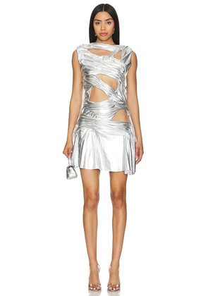 Di Petsa Melted Drapery Mini Dress in Metallic Silver. Size S, XL, XS.