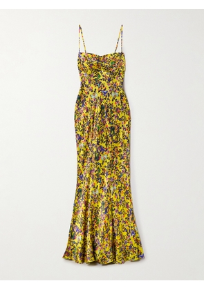 Saloni - Renee Ruched Printed Silk-satin Gown - Yellow - UK 4,UK 6,UK 8,UK 10,UK 12,UK 14,UK 16