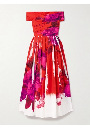 Erdem - Off-the-shoulder Pleated Printed Cotton-faille Midi Dress - Red - UK 6,UK 8,UK 10,UK 12,UK 14