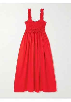 Cecilie Bahnsen - Giovanna Ruffled Smocked Cotton-poplin Maxi Dress - Red - UK 6,UK 8,UK 10,UK 12,UK 14