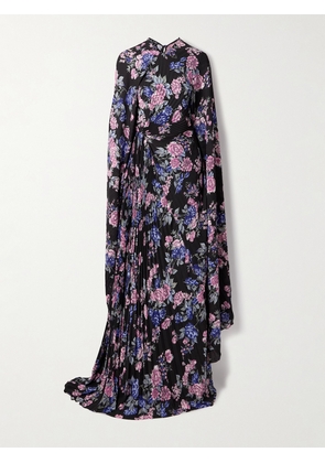 Balenciaga - Cape-effect Floral-print Plissé-crepe Gown - Black - FR34,FR36