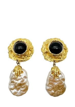 Jennifer Gibson Jewellery Vintage Craft Black Cabochon &amp; Pearl Statement Earrings 1980s - Gold