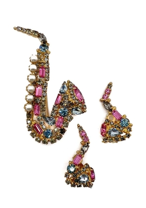 Jennifer Gibson Jewellery Vintage Original by Robert Crystal Saxophone Brooch &amp; Earrings 1960s - Pink