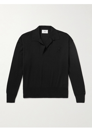 AMI PARIS - Logo-Embroidered Merino Wool Polo Shirt - Men - Black - XS