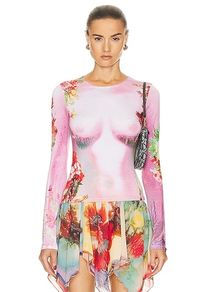 Jean Paul Gaultier Printed Body Flowers Long Sleeve Top in Pink & Yellow - Pink. Size XS (also in XXS).