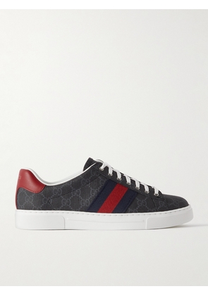 Gucci - Ace Leather and Webbing-Trimmed Monogrammed Supreme Coated-Canvas Sneakers - Men - Black - UK 7