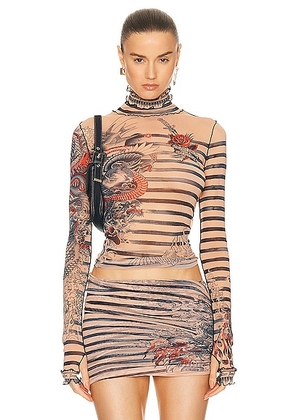 Jean Paul Gaultier Printed Mariniere Tattoo High Neck Long Sleeve Top in Nude  Blue  & Red - Nude. Size L (also in S, XS).