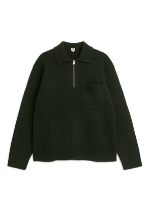 Knitted Wool Zip Polo Shirt - Green