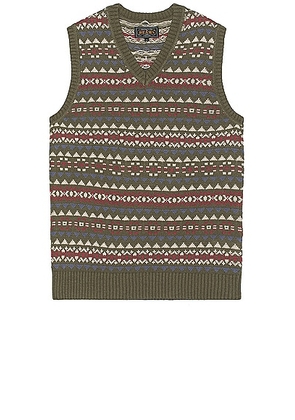 Beams Plus Cotton Linen Vest Fair Isle Pattern in Olive - Olive. Size L (also in XL/1X).