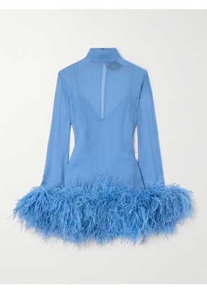 Taller Marmo - Gina Spirito Feather-trimmed Silk-crepon Mini Dress - Blue - IT36,IT38,IT40,IT42,IT44,IT46