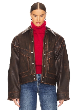 GRLFRND Jayden Distressed Leather Jacket in Brown. Size M.